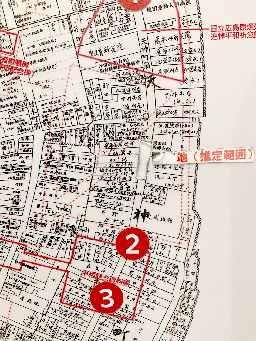 館内には、被爆遺構が町のどのあたりに位置するかを示した地図も掲示されていた。