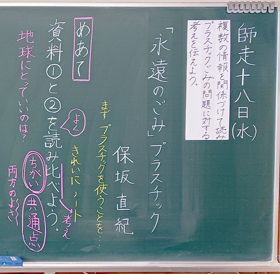 「単元のめあて」（右）「本時のめあて」（左）