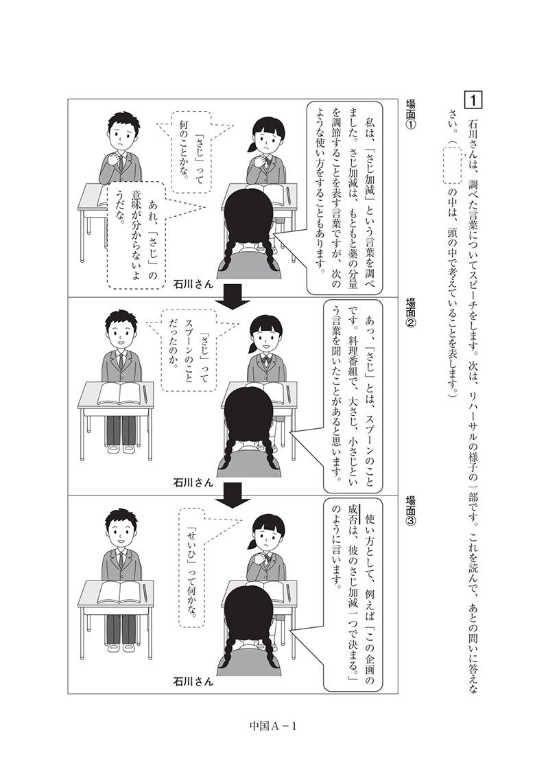 全国学力・学習状況調査における「相手の反応を踏まえて話す」の出題例（平成27年度全国学力・学習状況調査中学校国語Ａ大問1より）