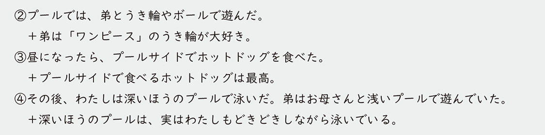 ②プールでは、弟とうき輪やボールで遊んだ。 ＋弟は「ワンピース」のうき輪が大好き。 ③昼になったら、プールサイドでホットドッグを食べた。 ＋プールサイドで食べるホットドッグは最高。 ④その後、わたしは深いほうのプールで泳いだ。弟はお母さんと浅いプールで遊んでいた。 ＋深いほうのプールは、実はわたしもどきどきしながら泳いでいる。